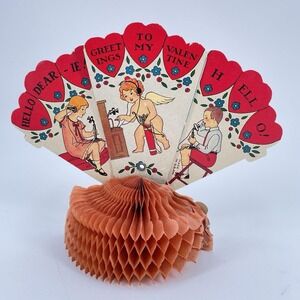 1920s Antique Valentines Day Card Honeycomb Fan Cupid Switchboard Operator